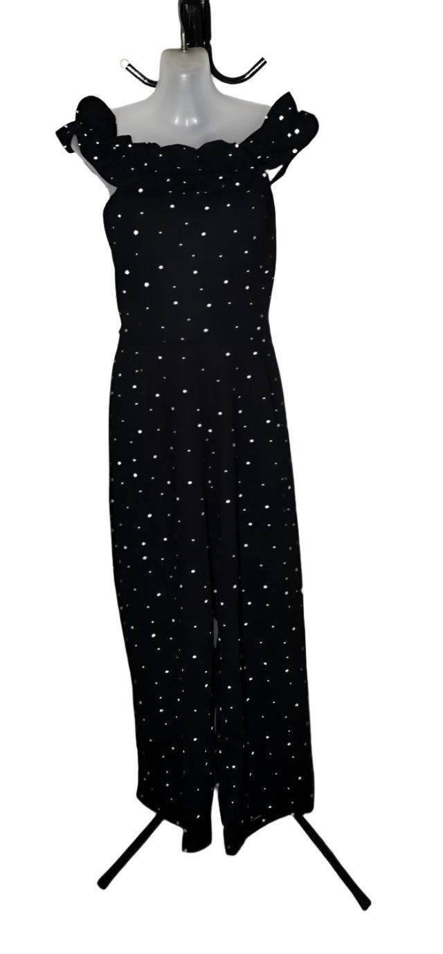 City Chic XS - Black Wide Leg Spotted Frill Off Shoulder Jumpsuit