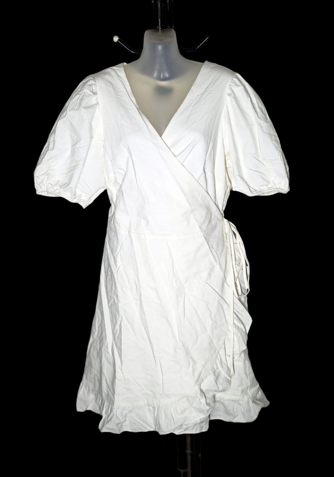 City Chic XS - White Cotton Wrap Dress With Bubble Sleeves