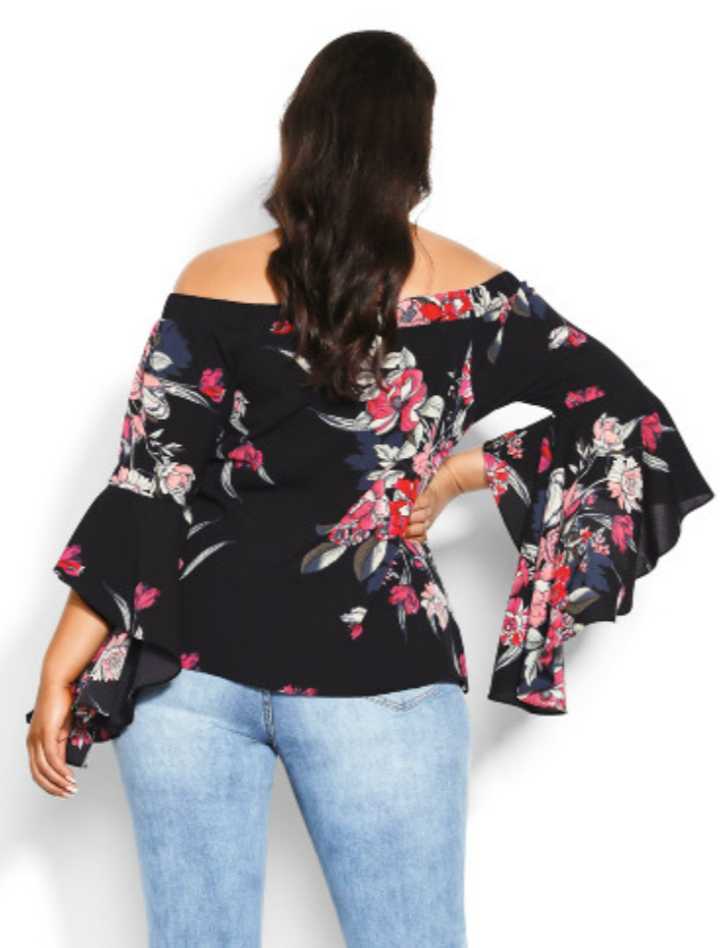 City Chic Medium - Misty Floral Romantic Exaggerated Sleeve Off Shoulder Top