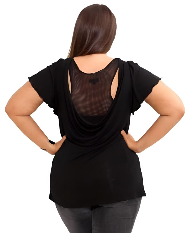 City Chic Large - Black Embellished Cowl Neck Mesh Cowl Back Top
