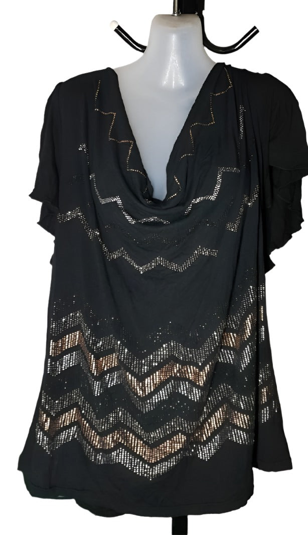 City Chic Large - Black Embellished Cowl Neck Mesh Cowl Back Top