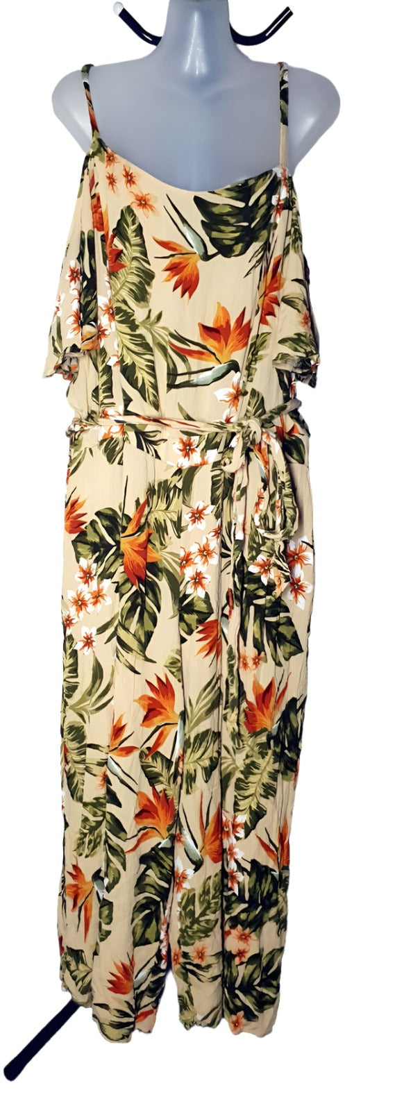 City Chic Large - Sandy Palm Cold Shoulder Wide Leg Jumpsuit With Pockets And Tie