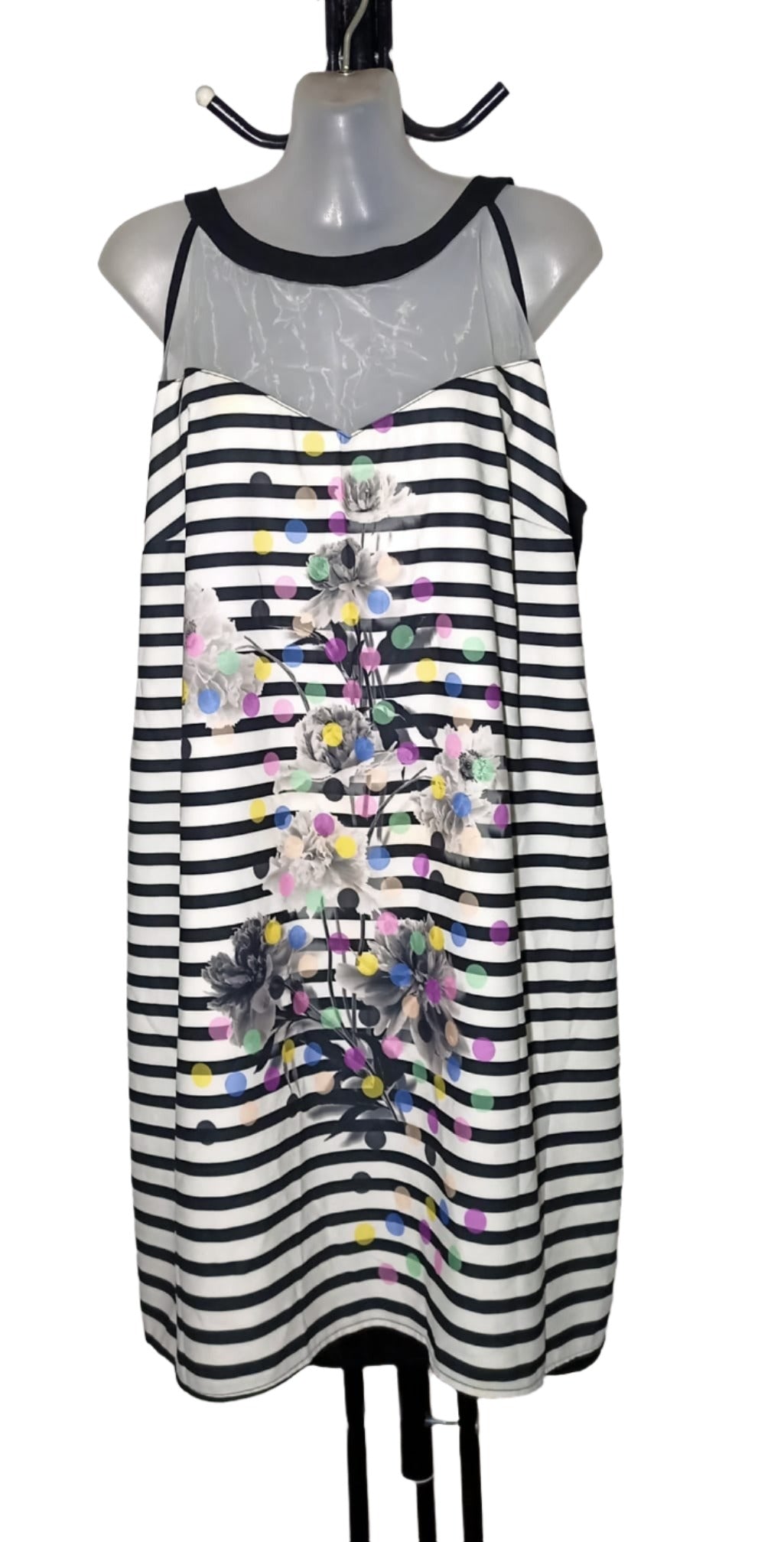 City Chic Medium - Striped Floral Mesh Panel Halter Dress