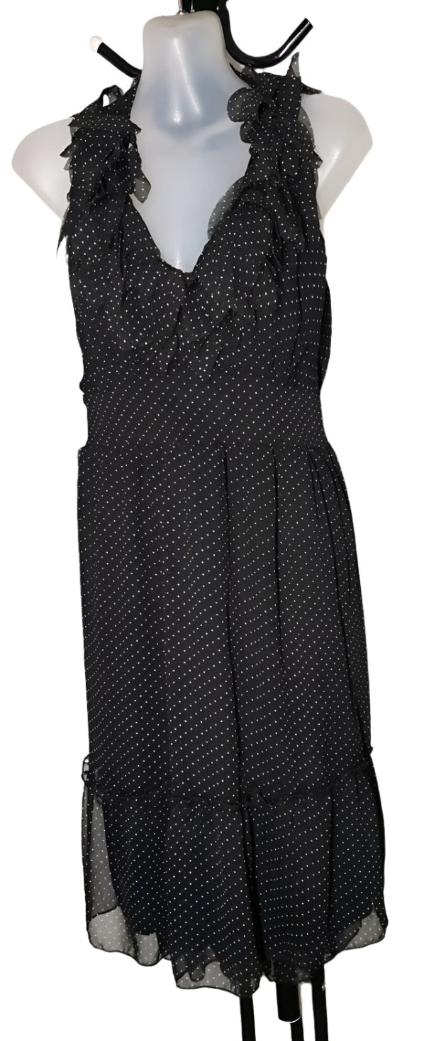 City Chic Medium - Black And White Spotted Chiffon Elastic Waist Frill Halter Neck Dress