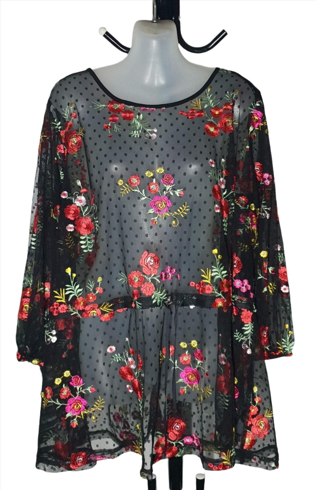 City Chic Medium - Sheer Spotted Floral Embroidered Tie Waist Top