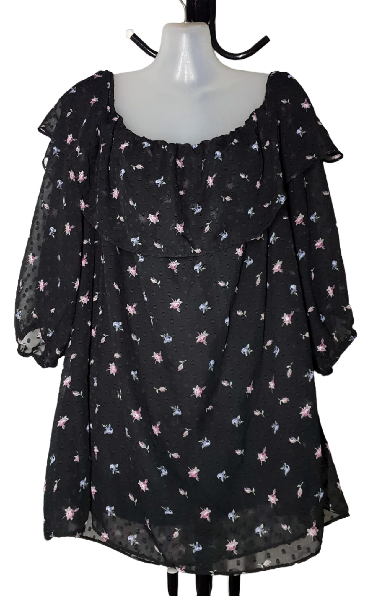 City Chic XL - Black Floral Sheer Sleeve Frill Off Shoulder Top