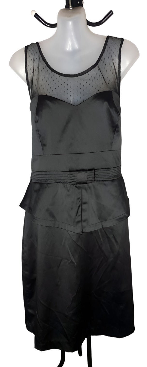 City Chic XS - Black Satin Mesh Insert Peplum Dress With Bow Belt Detail
