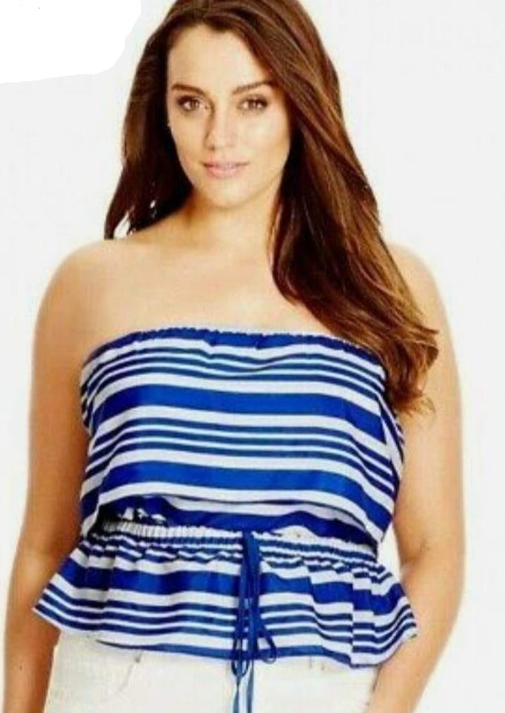 City Chic XS - Blue Striped Strapless Cropped Peplum Top