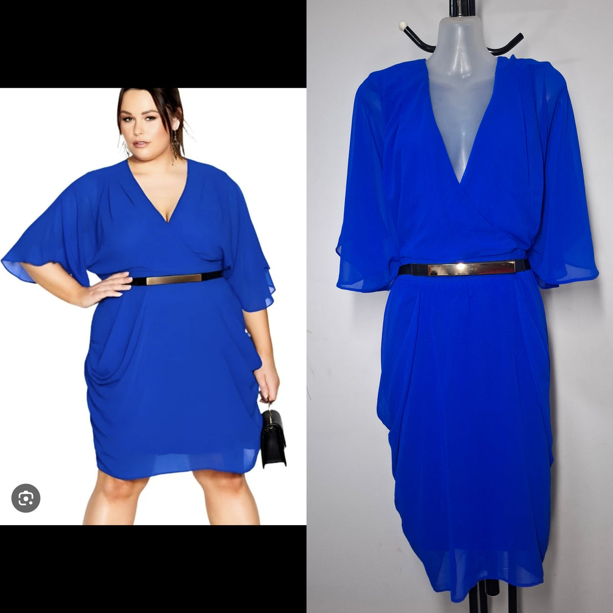 City Chic Medium - Blue Chiffon Faux Wrap Dress With Sleeves And Belt