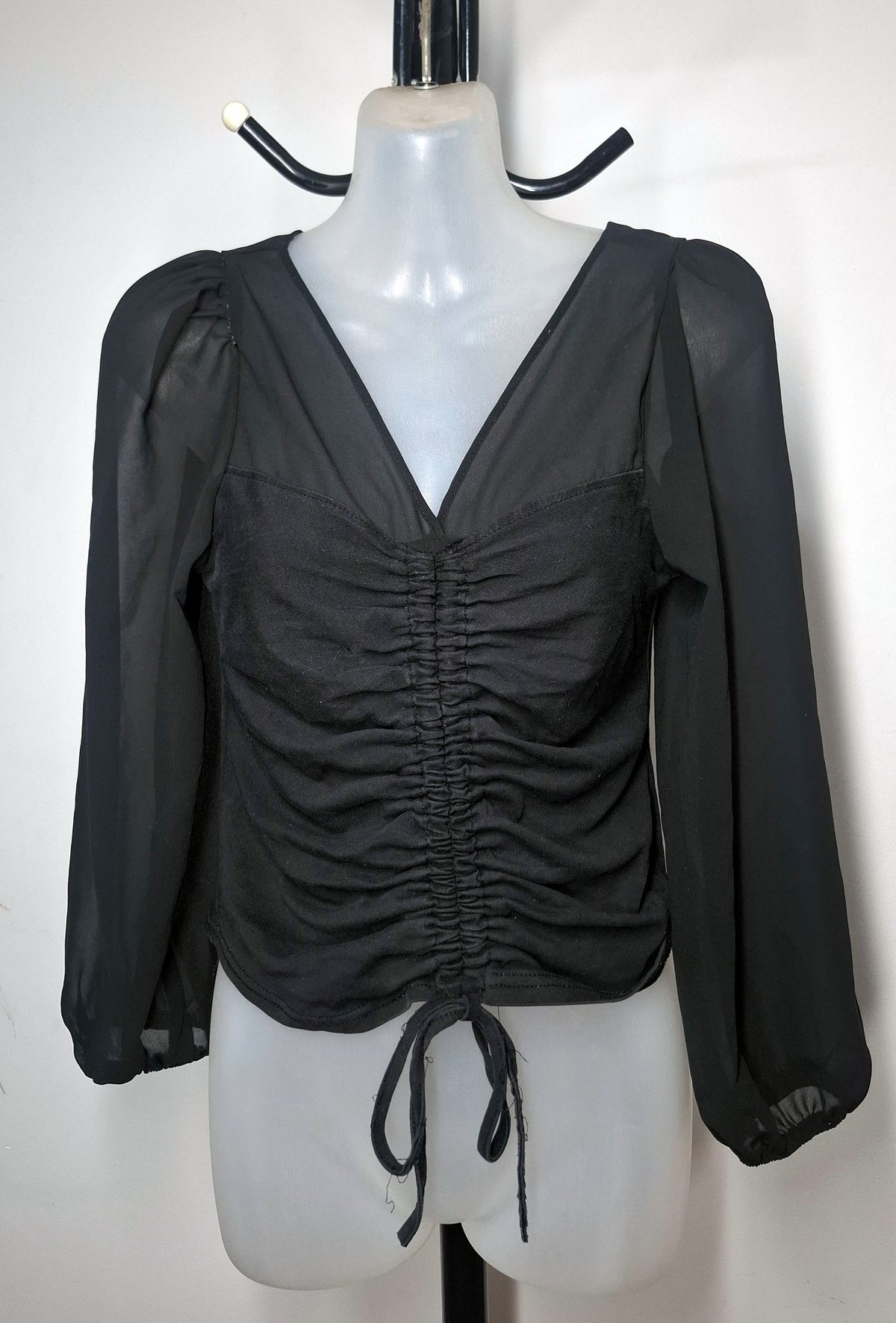 Size 10 - Black Ruched Sheer Sleeve Cropped Top