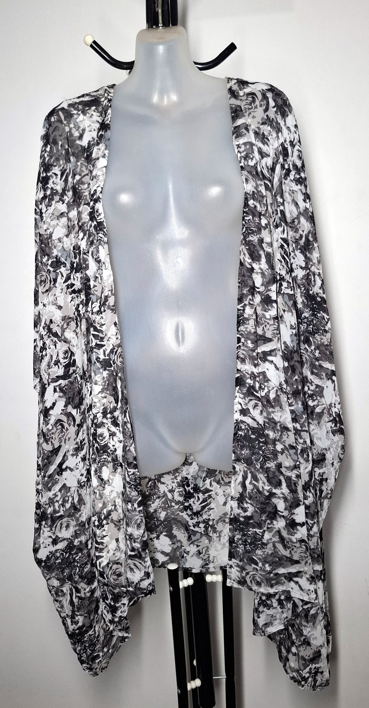 Size 26 - Black & White Rose Longline Sheer Cardigan Jacket