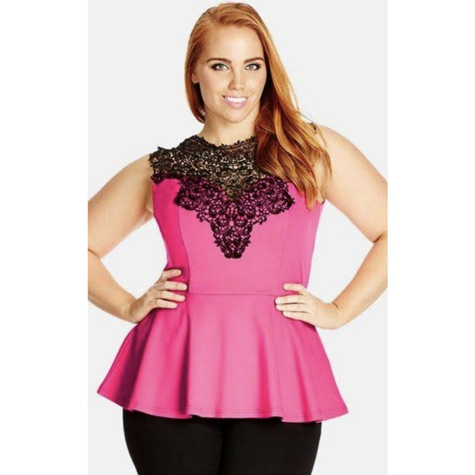 City Chic Medium - Yellow With Black lace Peplum Top