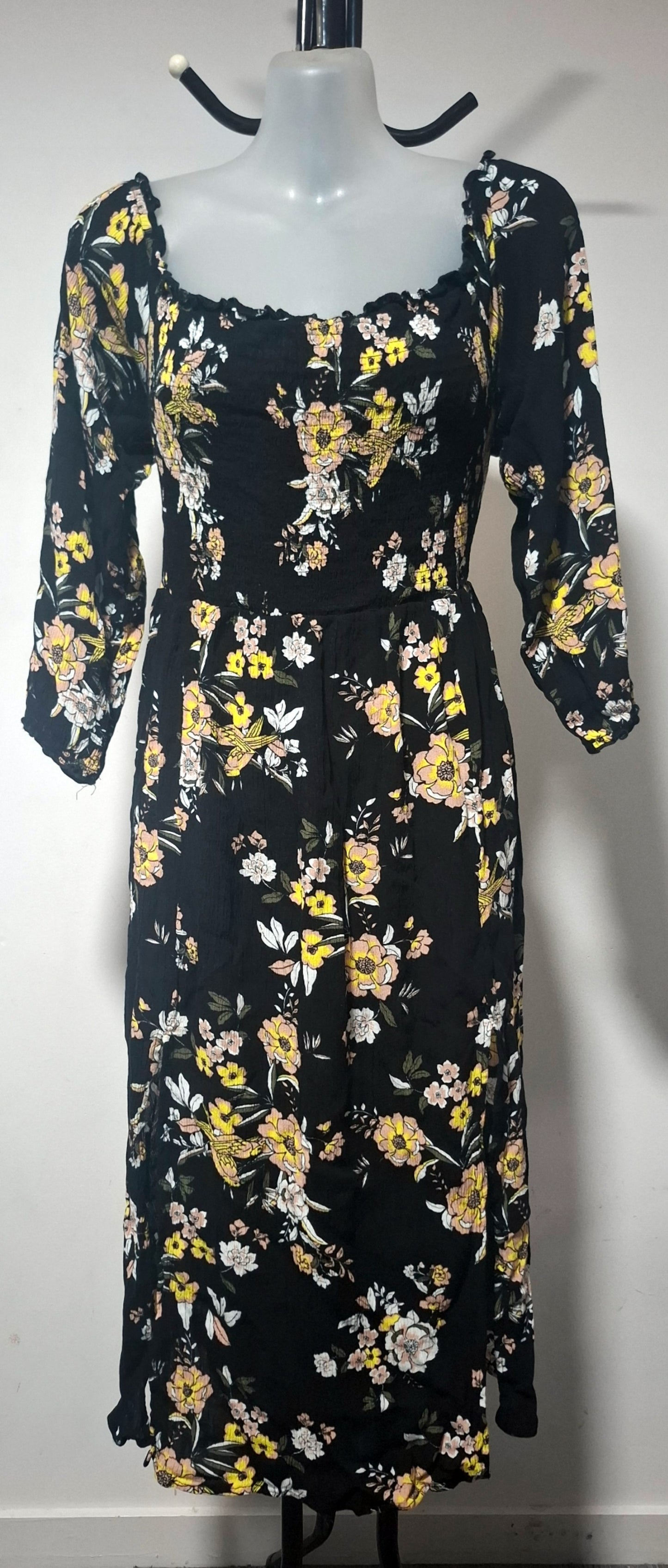 City Chic XS - Black Floral Shirred Elastic Off Shoulder Stretchy Dress With Sleeves And Front Splits