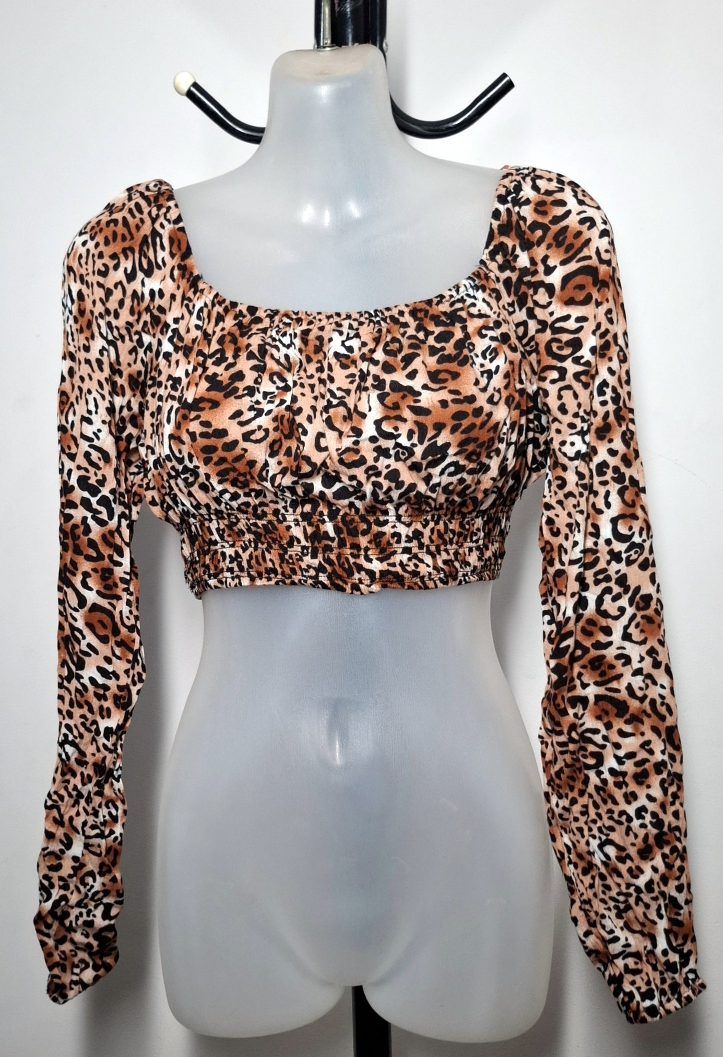 Size 10 - Stretchy Leopard Print Off Shoulder Crop Top With Sleeves
