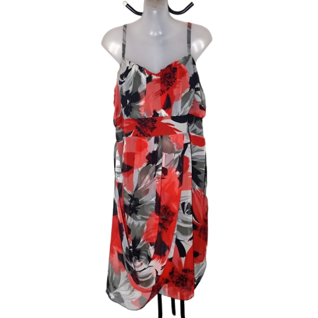 City Chic Medium - Red Black White Gray Floral Chiffon Overlay Dress