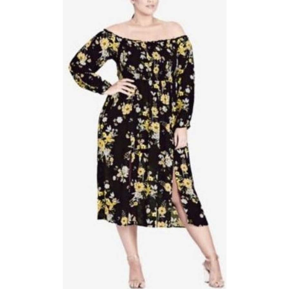 City Chic XS - Black Floral Shirred Elastic Off Shoulder Stretchy Dress With Sleeves And Front Splits