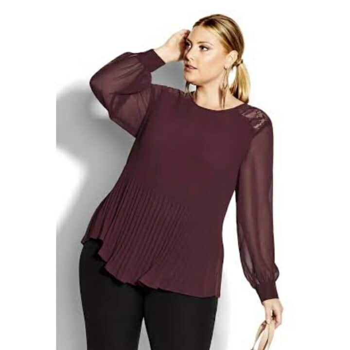 City Chic Medium - Pleated Lace Top With Sheer Sleeves