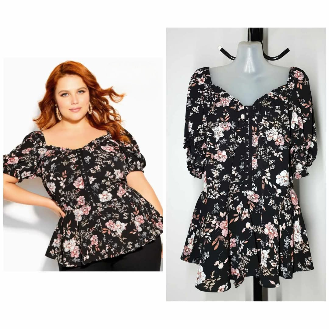City Chic XS - Black Floral Peplum Top With Sleeves