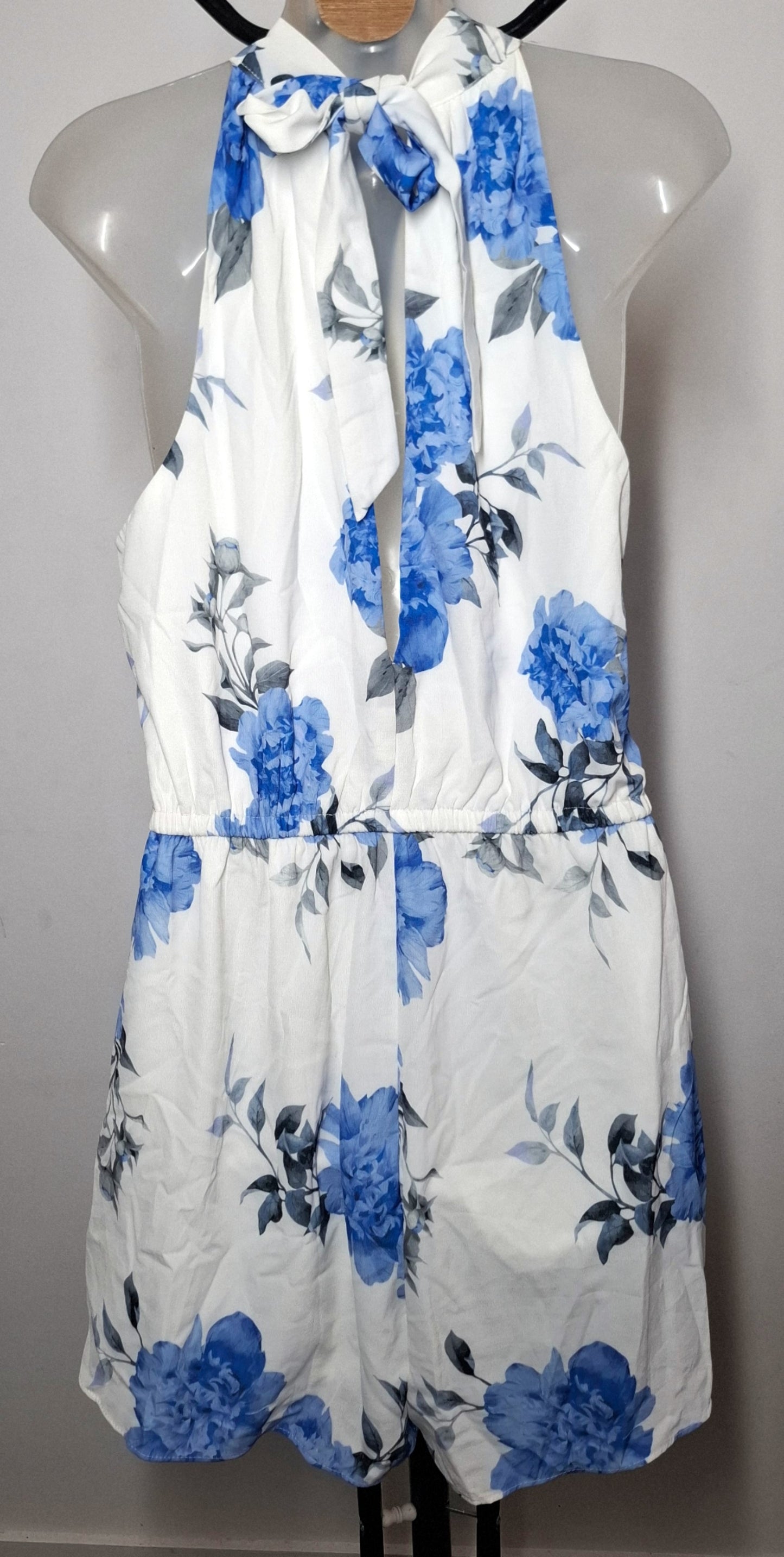 Size 12 - White & Blue Peekaboo Halter Playsuit