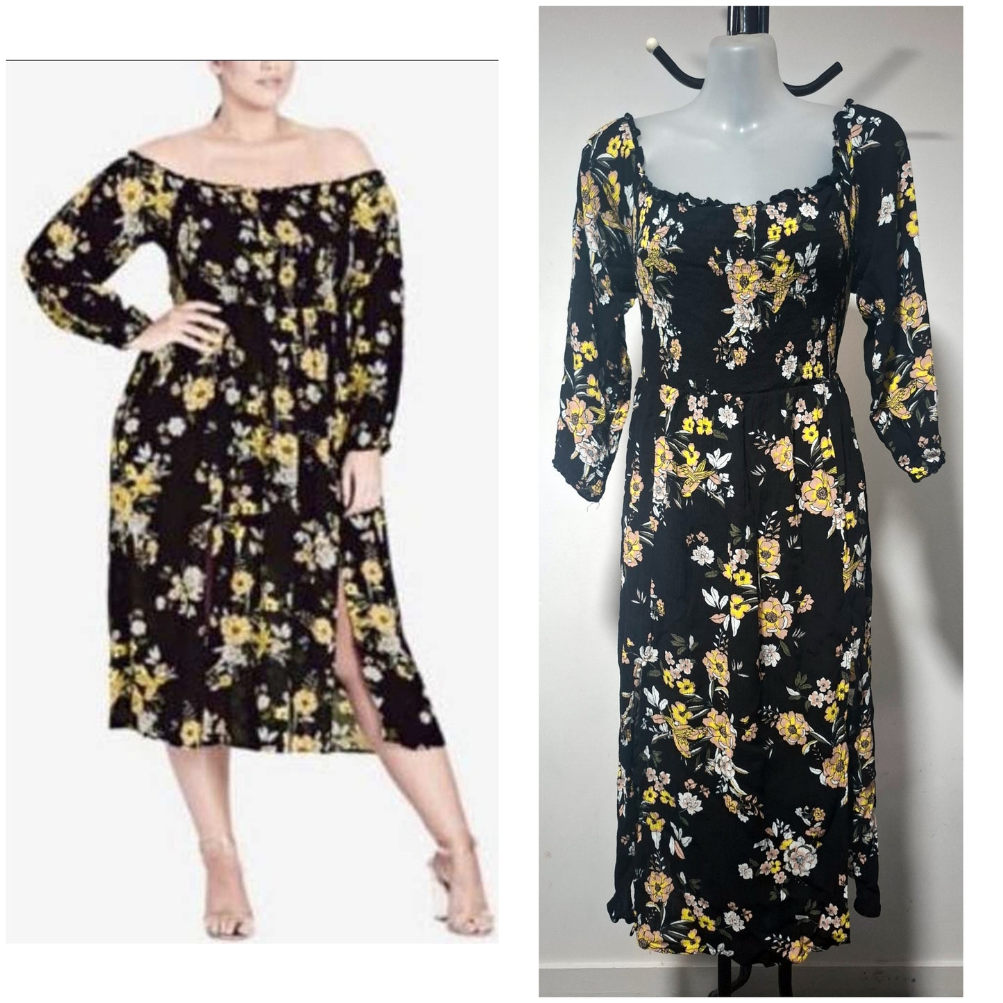 City Chic XS - Black Floral Shirred Elastic Off Shoulder Stretchy Dress With Sleeves And Front Splits