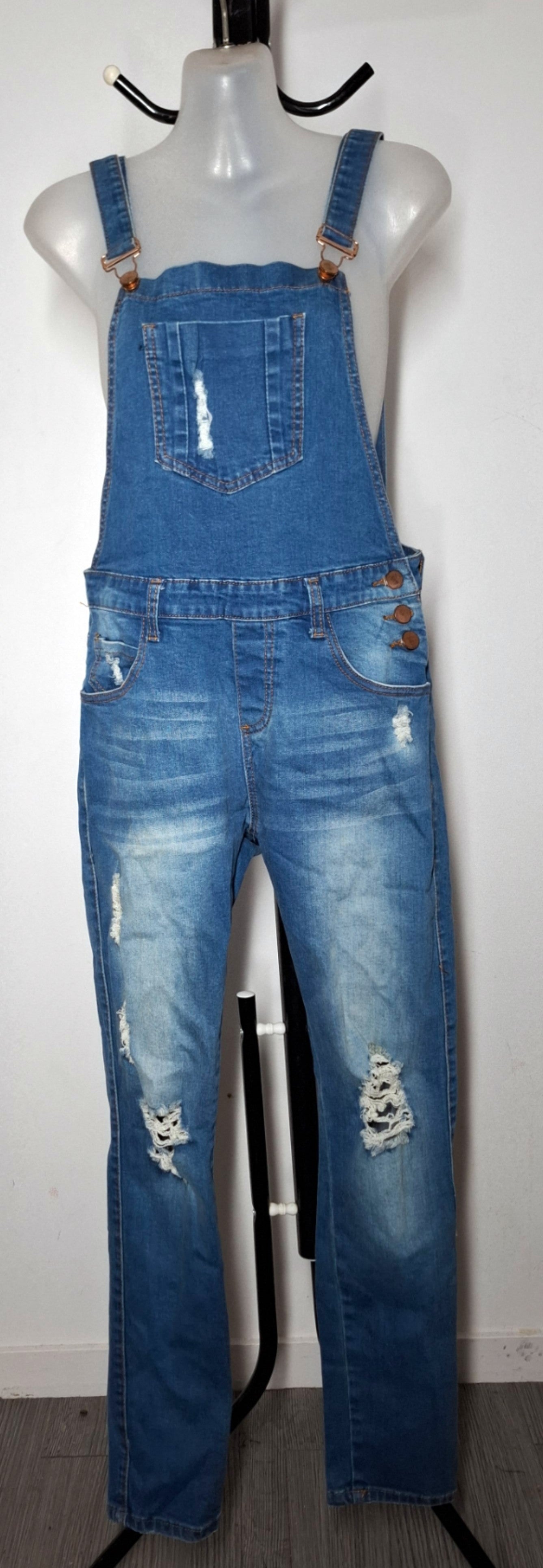 Size 8 - Stretchy Distressed Denim Overalls With Pockets