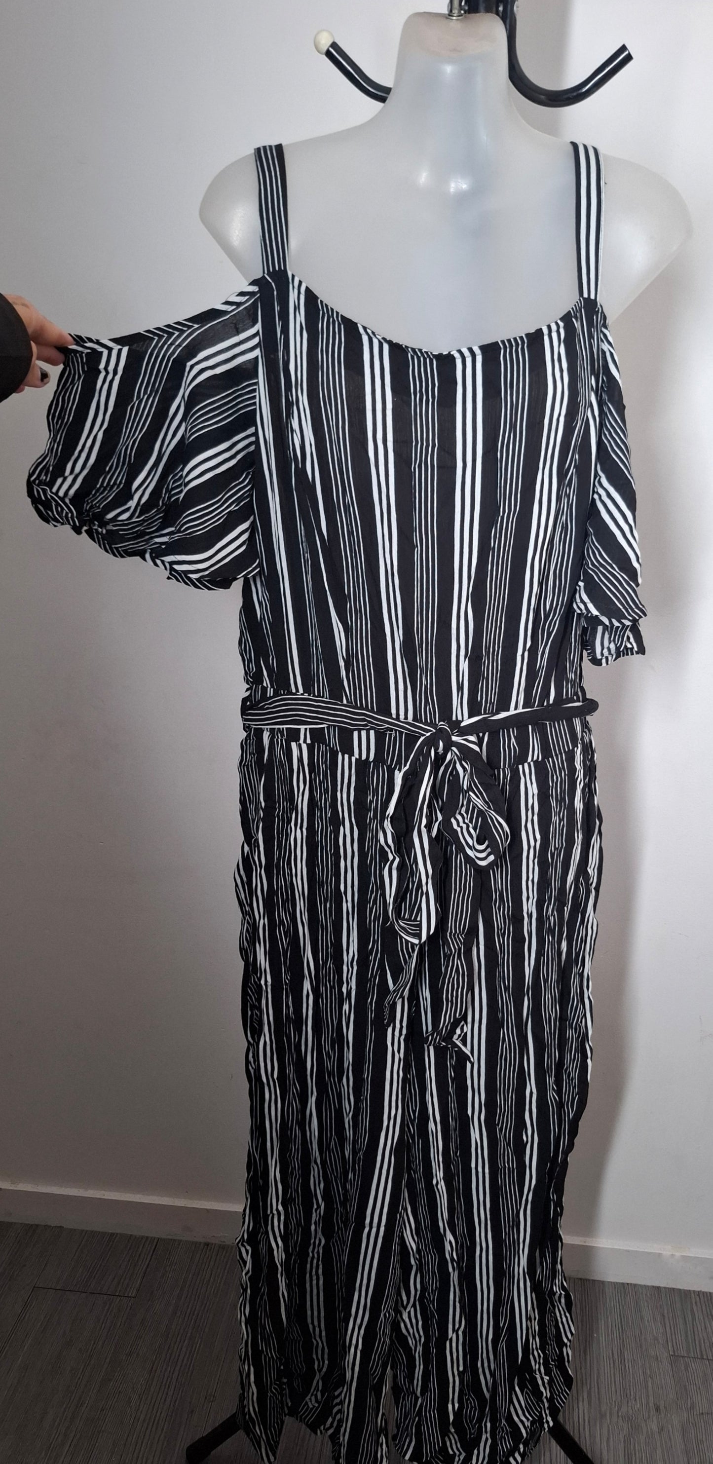 City Chic XS - Black & White Striped Cold Shoulder Jumpsuit With Tie