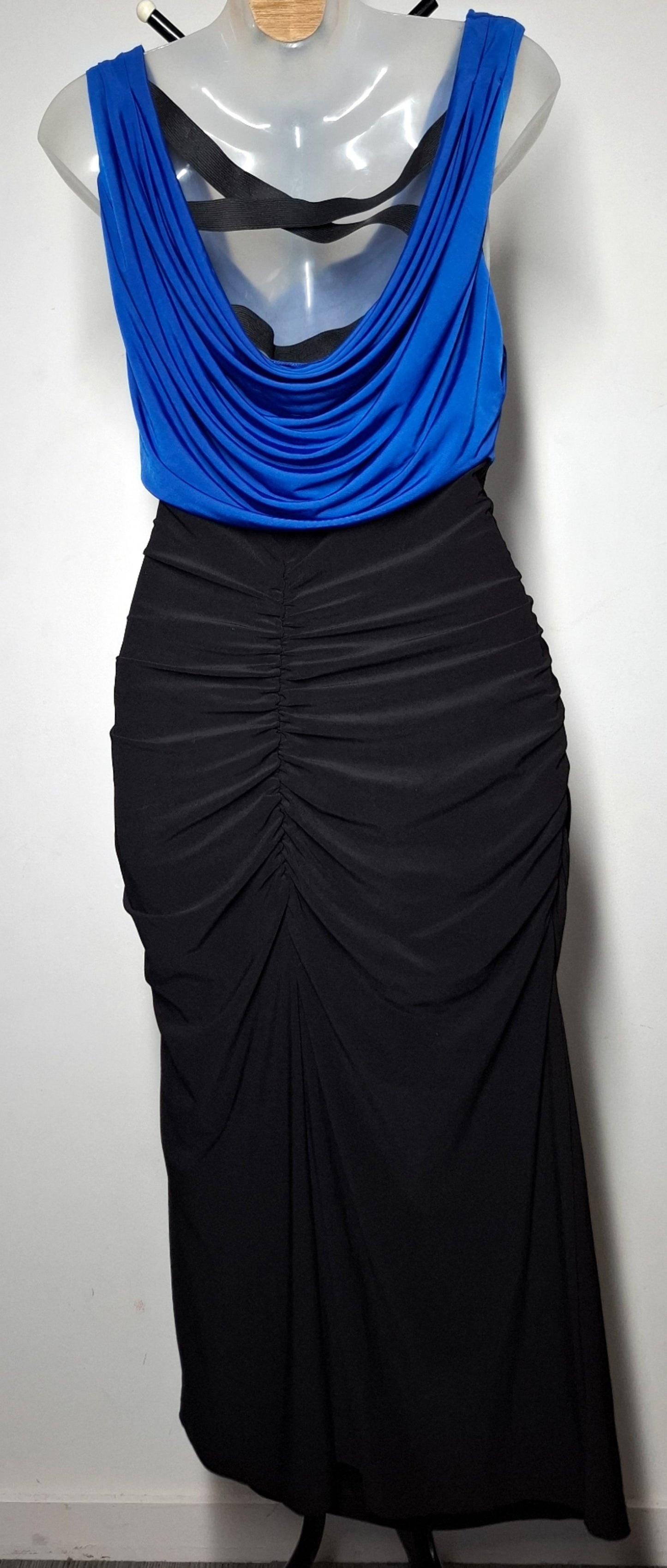 Size 14 - Black & Blue Stretchy Slinky Ruched Cowl Neck Strappy Back Dress