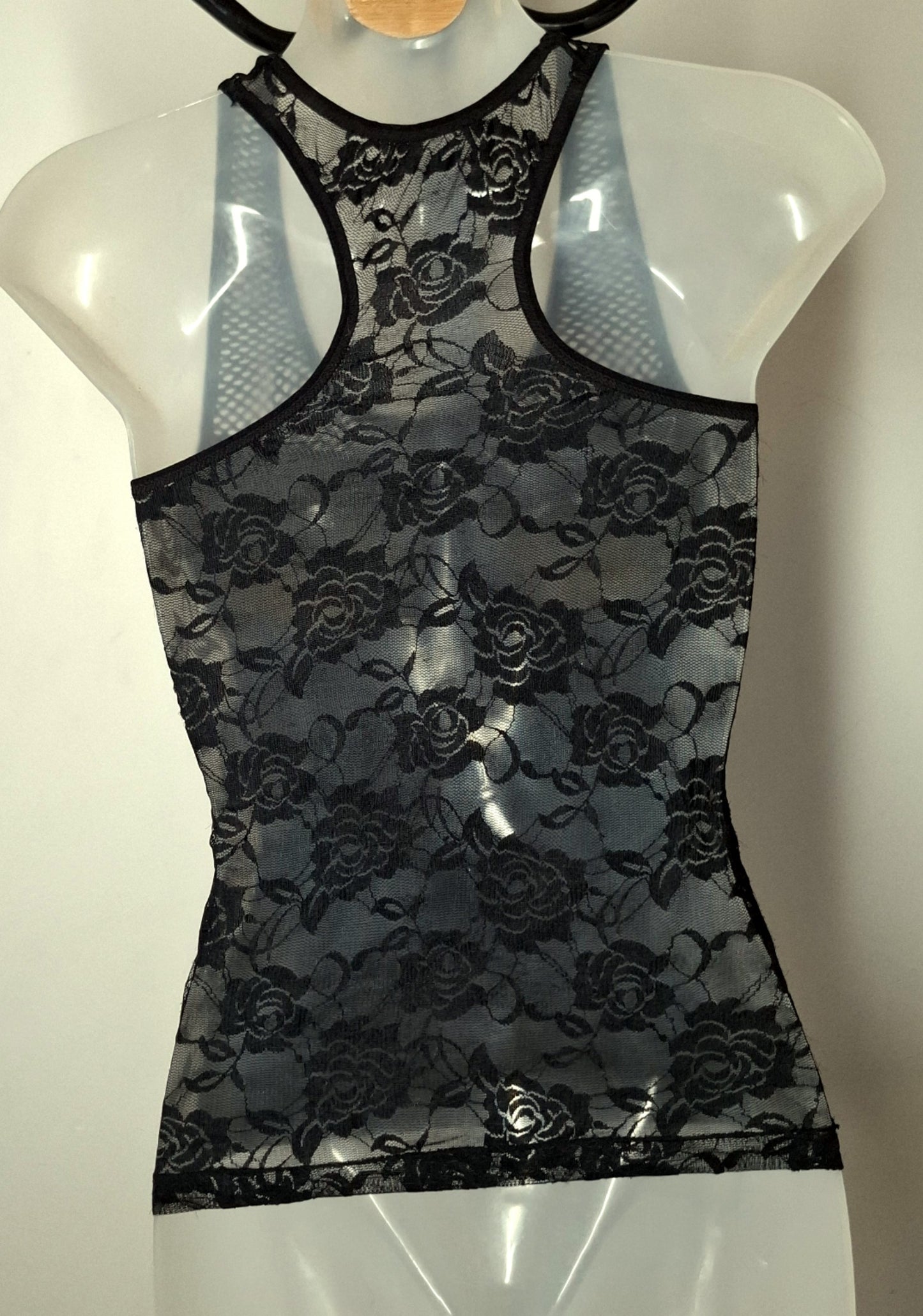 Size 8 - Black Stretchy Net Rose Lace Top