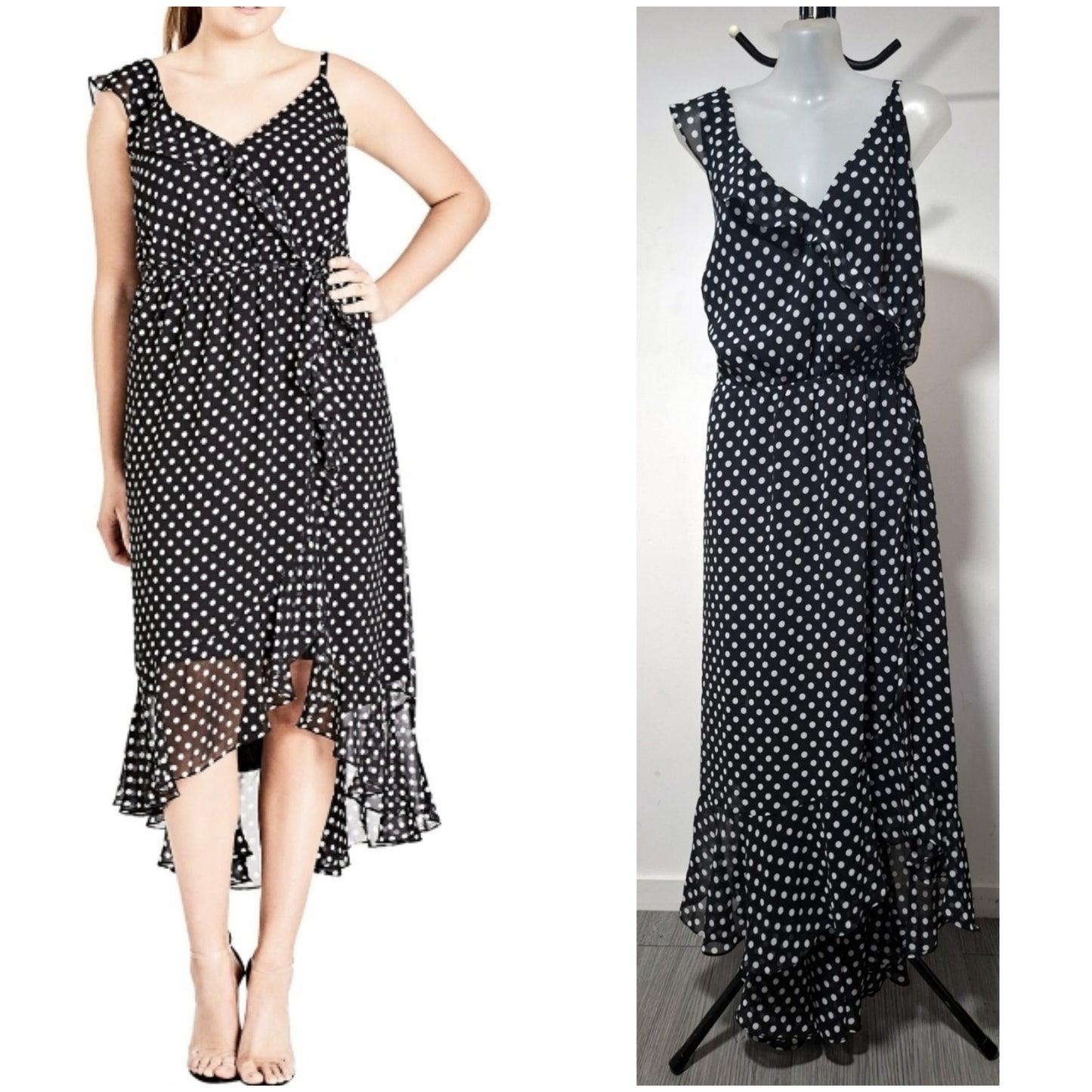 City Chic Large - Black Spotted Chiffon Faux Wrap Dress With Tie