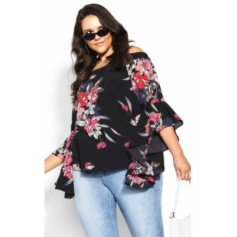 City Chic Medium - Misty Floral Romantic Exaggerated Sleeve Off Shoulder Top