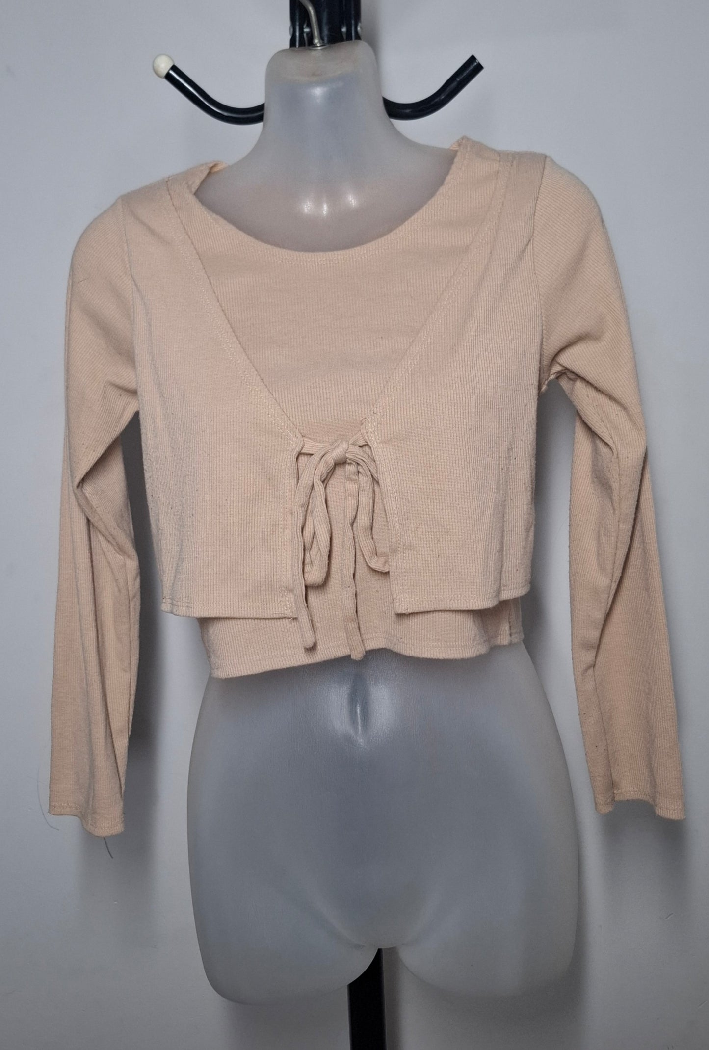 Size 10 - Stretchy Rib Knit Tie Up Cropped Top With Long Sleeves