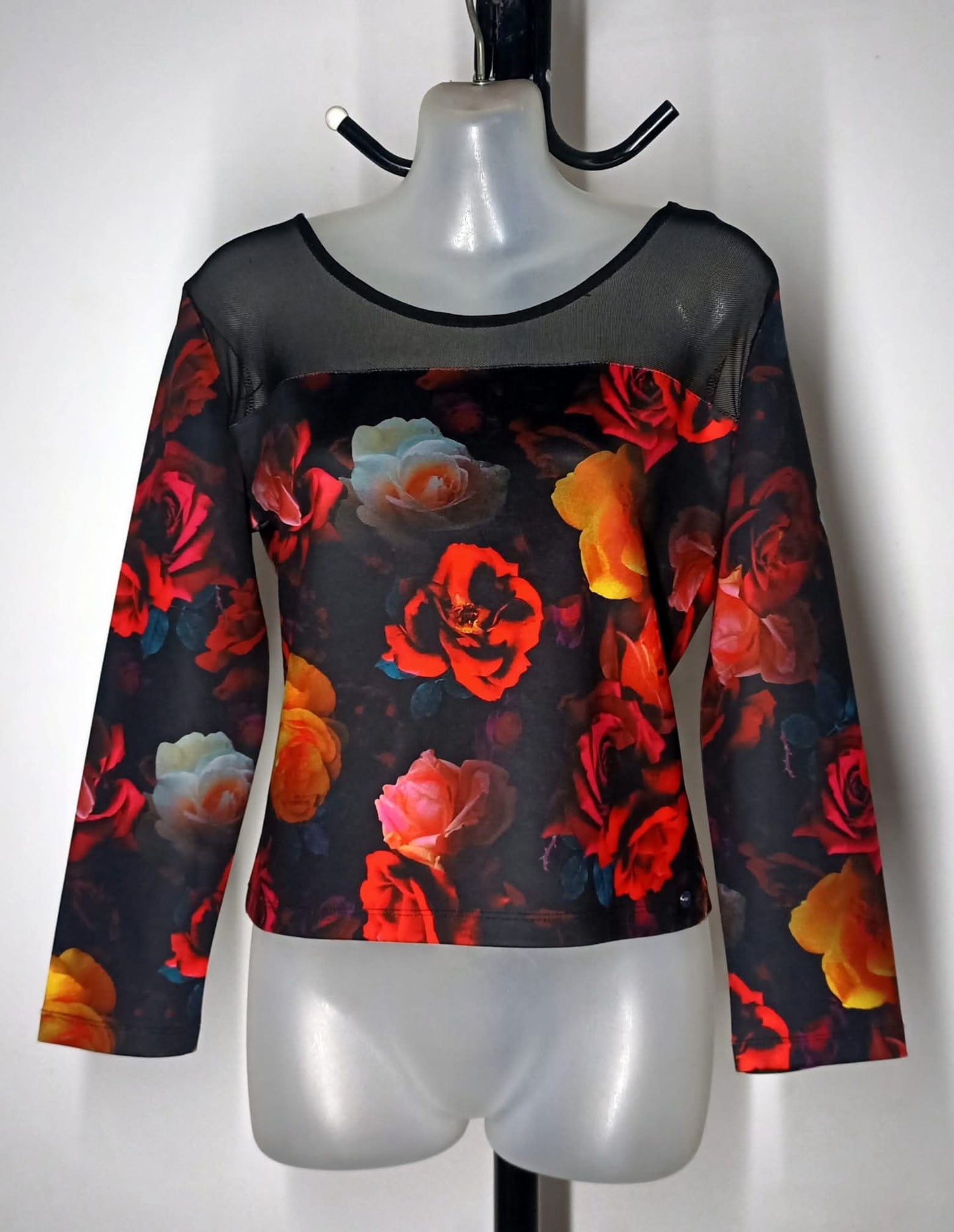 Size 18 - Rose Floral Mesh Insert Long Sleeve Cropped Top