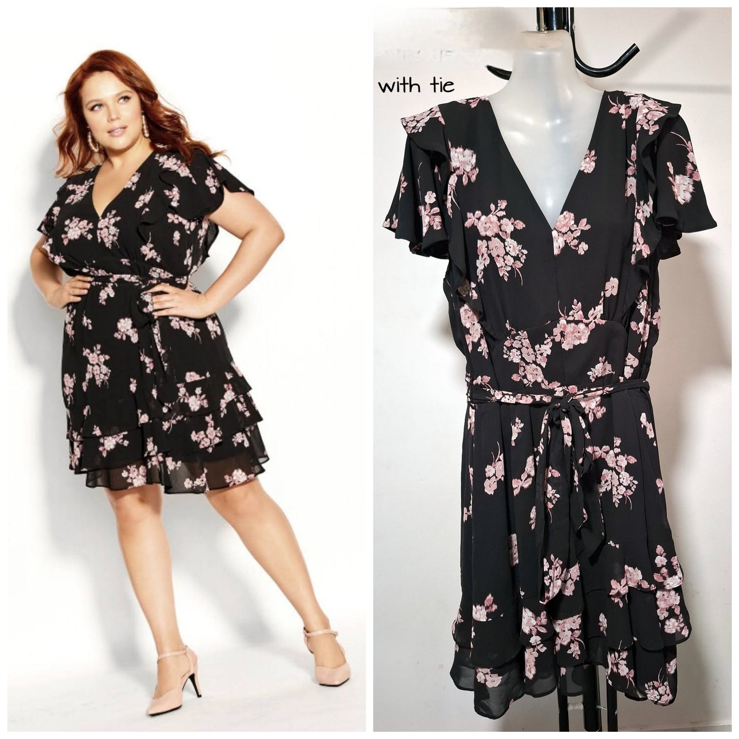 City Chic XS - Black Floral Dress With Tie