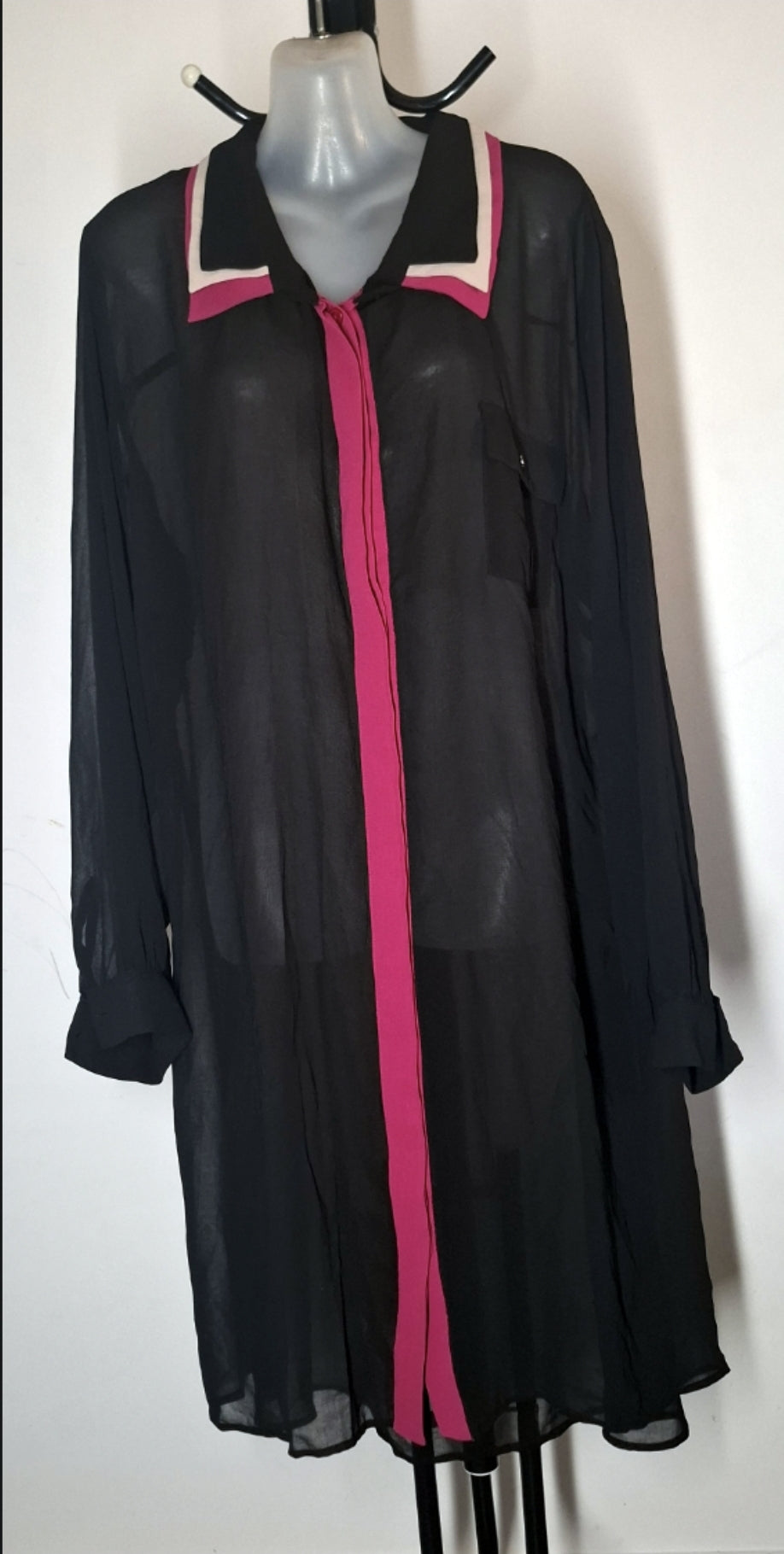 City Chic Large - Black & Pink Sheer Button Up Longline Top With Sleeves