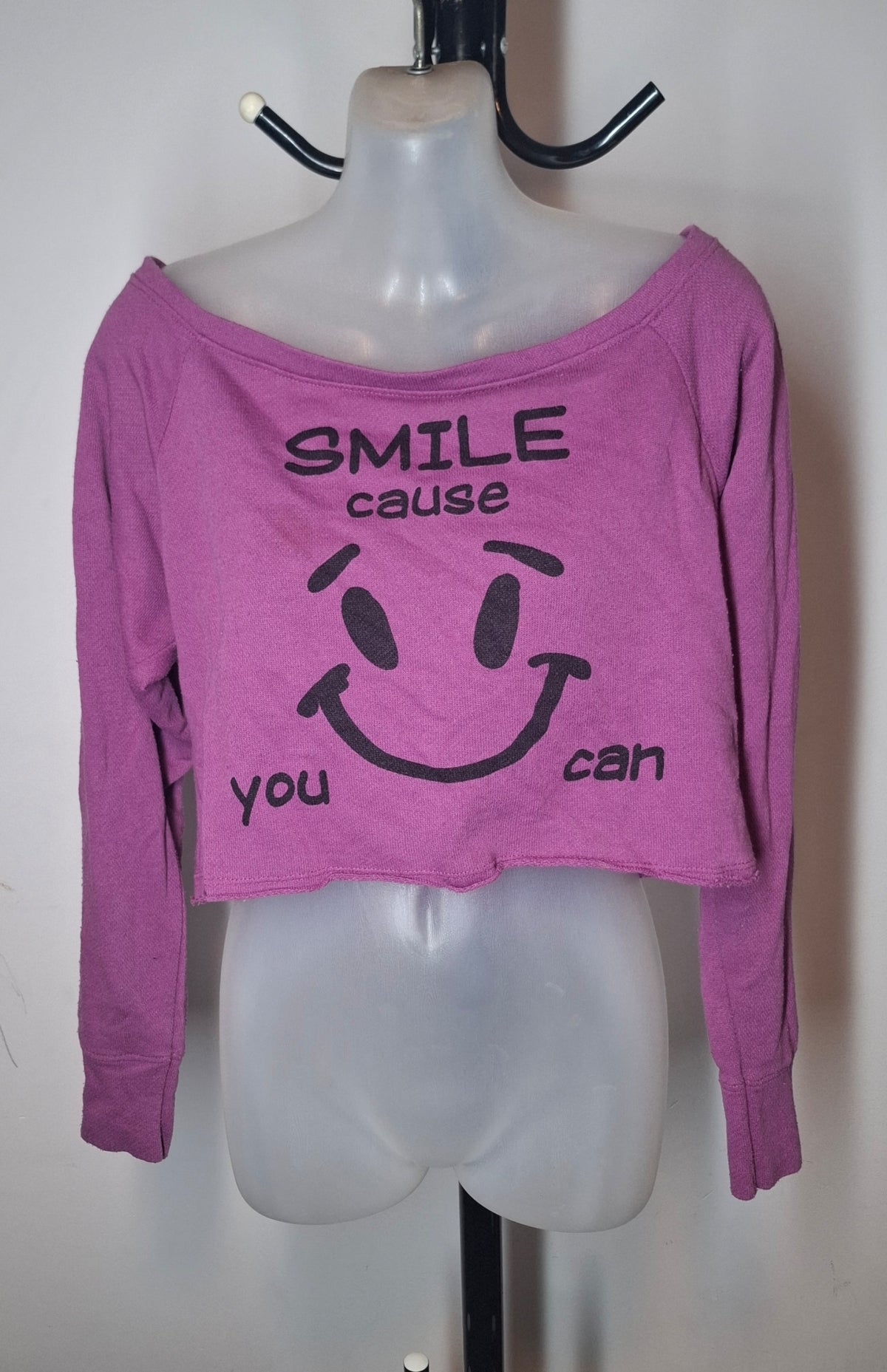 Size 12 - Purple Distressed 'Smile Cause You Can' Cropped Off Shoulder Top With Sleeves