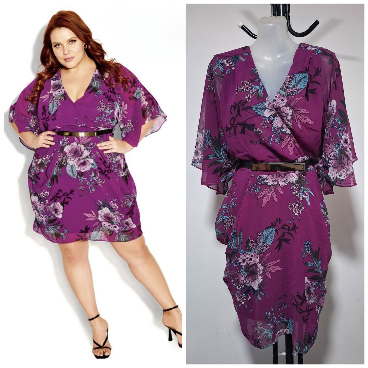 City Chic Small - Purple Floral Chiffon Faux Wrap Dress With Belt