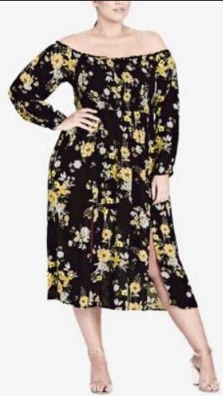 City Chic XS - Black Floral Shirred Elastic Off Shoulder Stretchy Dress With Sleeves And Front Splits