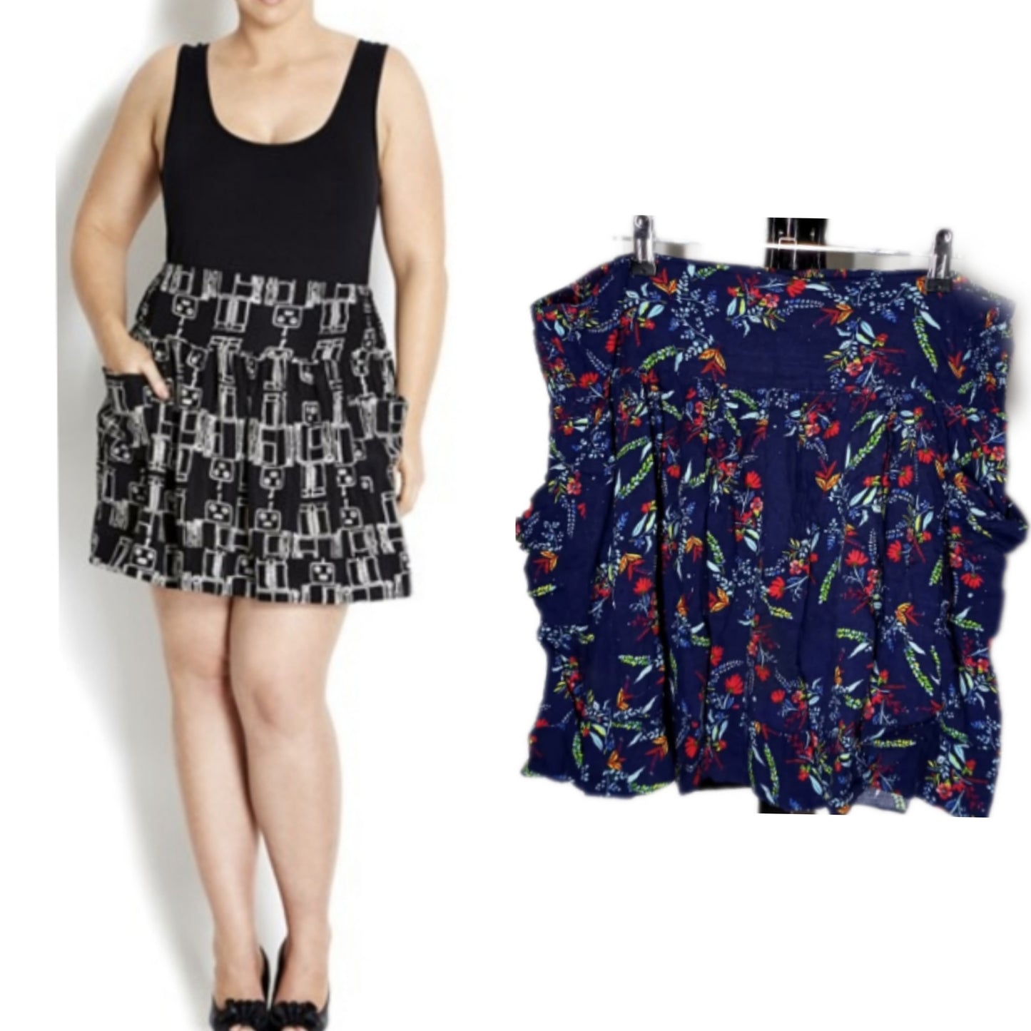 City Chic Medium - Navy Floral Skirt With Pockets