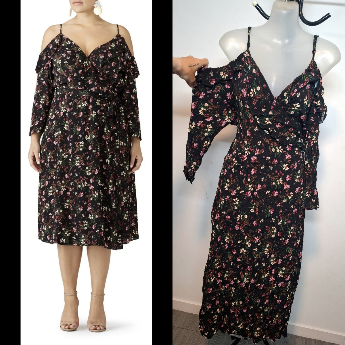 City Chic XS - Floral Frill Cold Shoulder Faux Wrap Dress With Sleeves