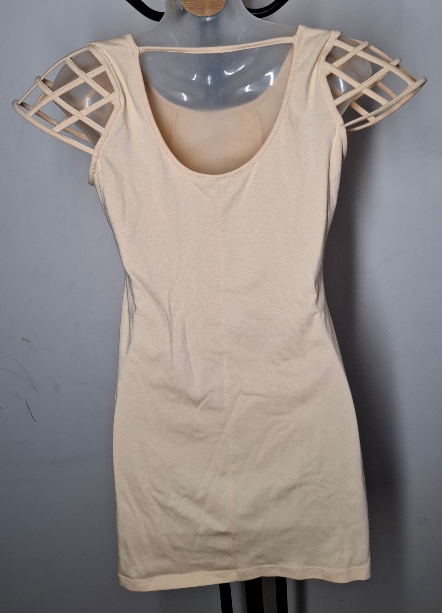 Size 8 - Stretchy Beige Cage Shoulder Dress