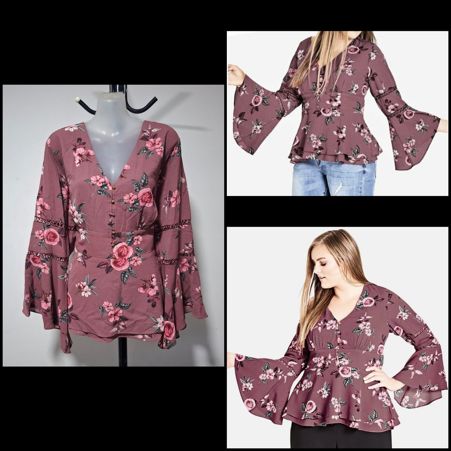 City Chic Medium - Floral Bell Sleeve Peplum Top