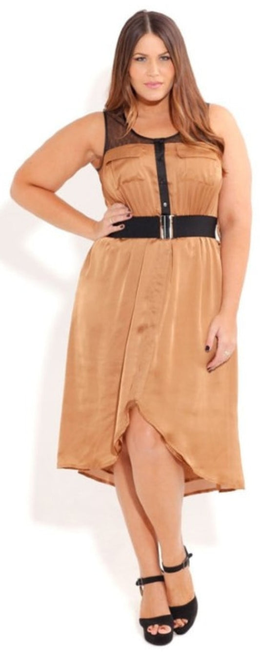City Chic XL - Champagne Hi Lo Dress With Mesh Panel And Pockets