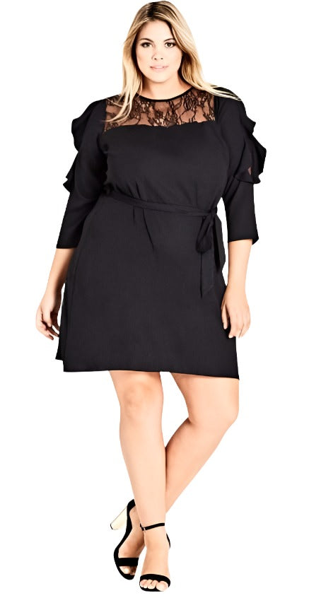 City Chic XS - Black Lace Panel Sleeved Dress With Tie - Brand New With Tags