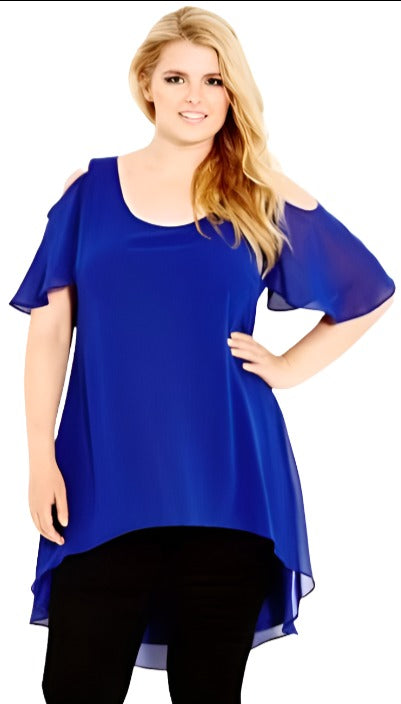 City Chic XS - Blue Chiffon Cold Shoulder Hi-Lo Tunic Top