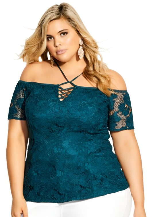 City Chic Large - Green Lace Strappy Halter Neck Top - Brand New With Tags