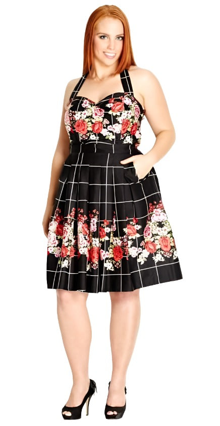 City Chic XL - Black Floral Halter Neck Dress With Pockets