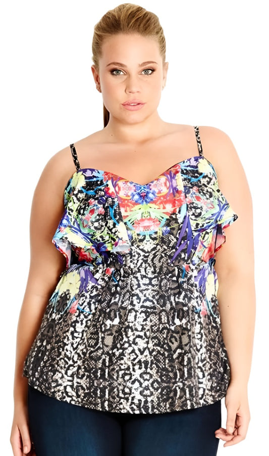 City Chic Small - Snake Print Frill Top