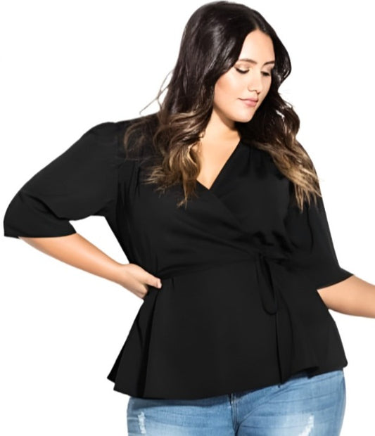 City Chic XL - Black Faux Wrap Peplum Top