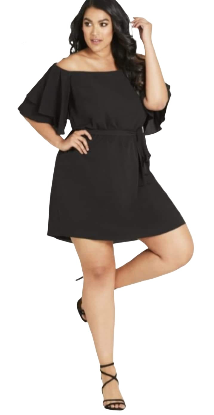 City Chic Medium - Black Off Shoulder Frill Sleeve Dress