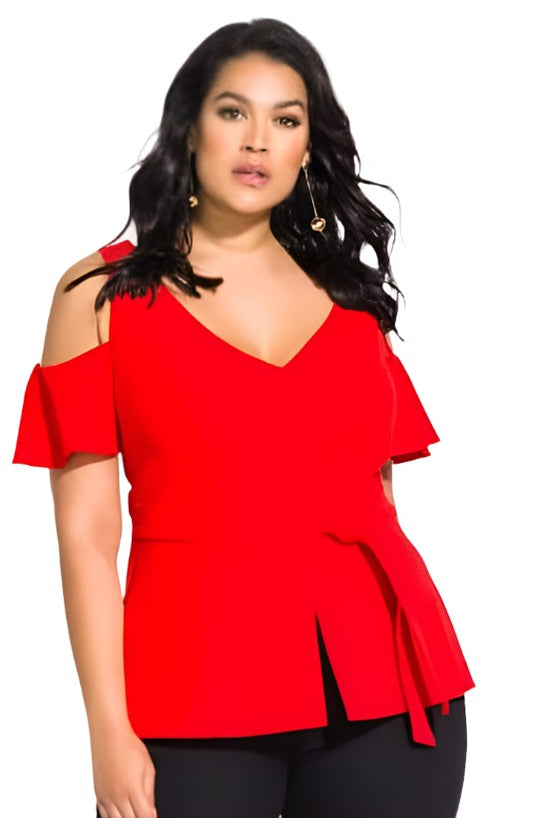 City Chic XL - Cold Shoulder Peplum Top With Tie